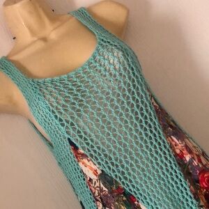 Woman’s floral Y2k coastal spring boho Turquoise Crochet Floral tunic top